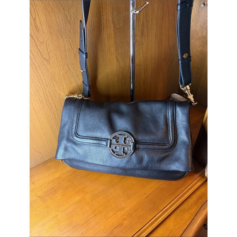 Tory Burch Black Leather Foldover Shoulder Bag with Removable Long Strap